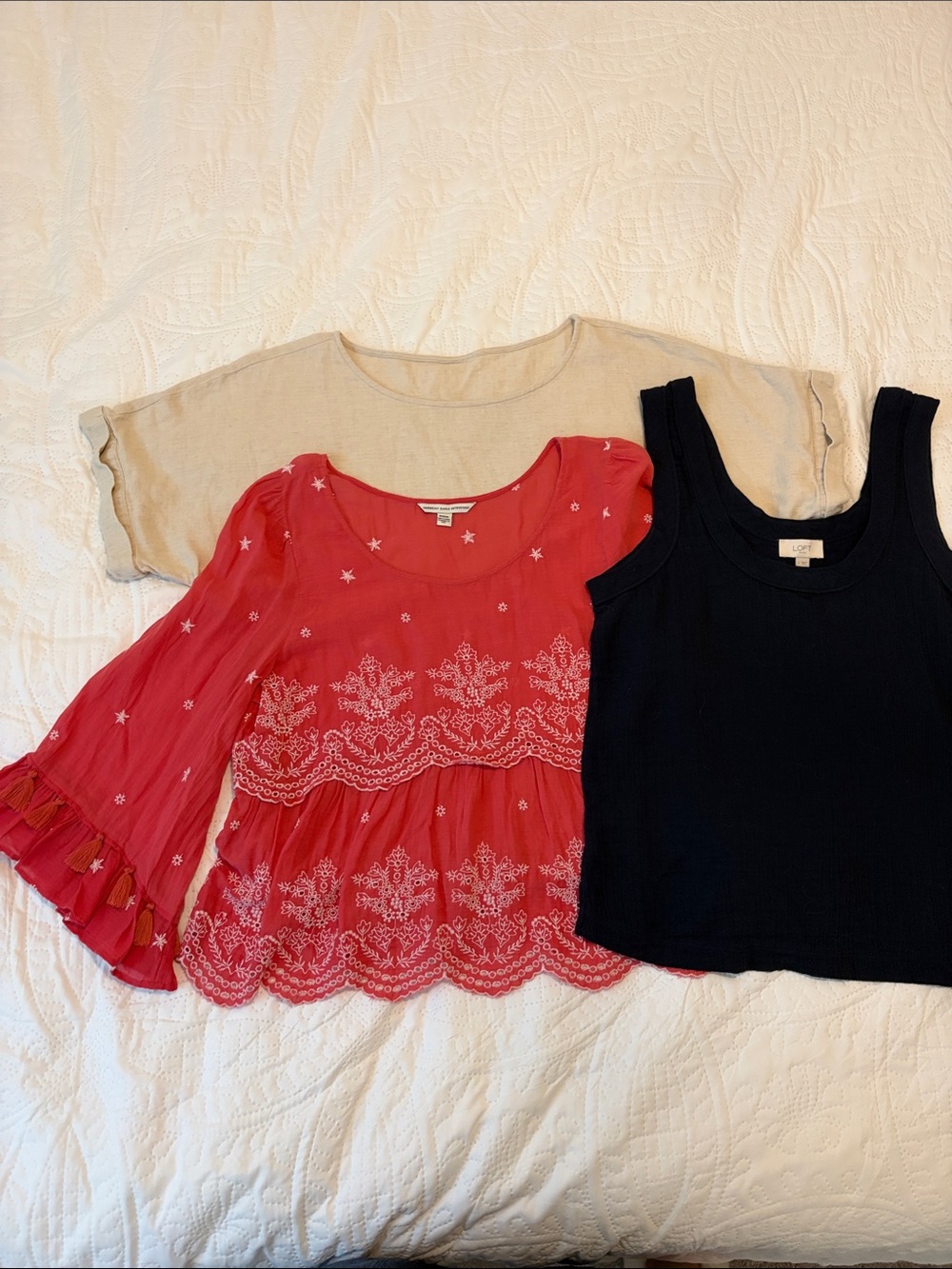 Pink & White Bell Sleeve Top by AE, Loft Navy Tank,  Cream Cotton/Linen Top